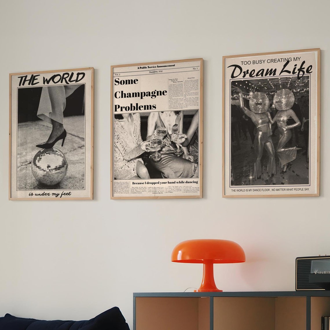 Retro 70s Disco Ball Newspaper Photo Collage 3 Piece Poster Set