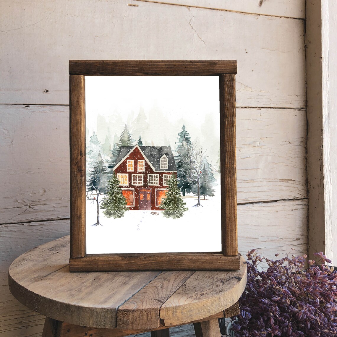 Red Winter House Glowing Windows Watercolor Snowy Christmas Scene Poster - Image 7