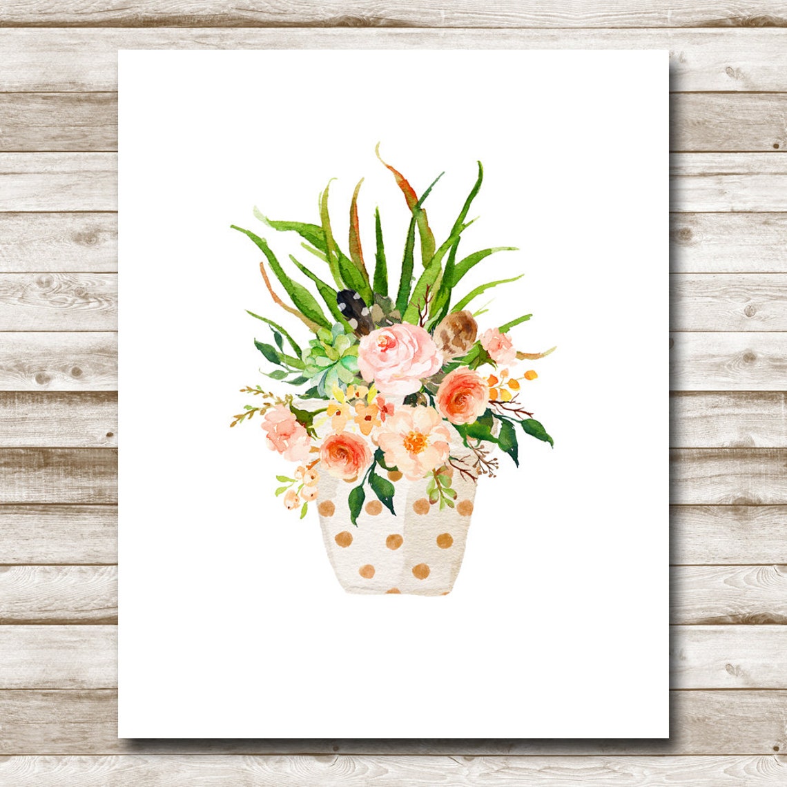 Blush Roses Watercolor Bouquet In Polka Dot Pot Floral Art Poster - Image 5