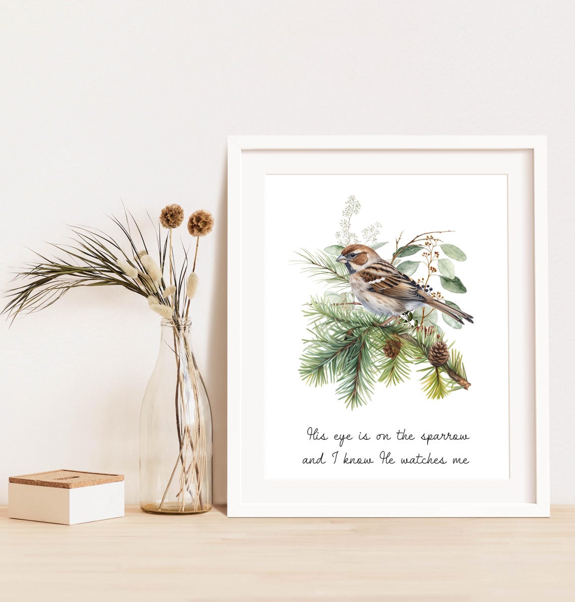 Watercolor Sparrow on Pine Branch Christian Faith Quote Bird Art Print - Image 3