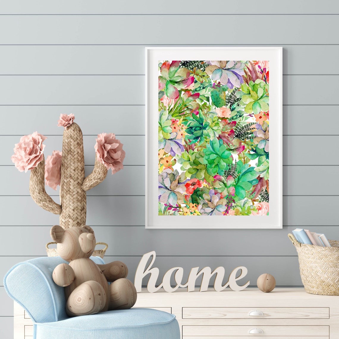 Lush Succulent Garden Watercolor Botanical Pattern Art Poster - Image 3