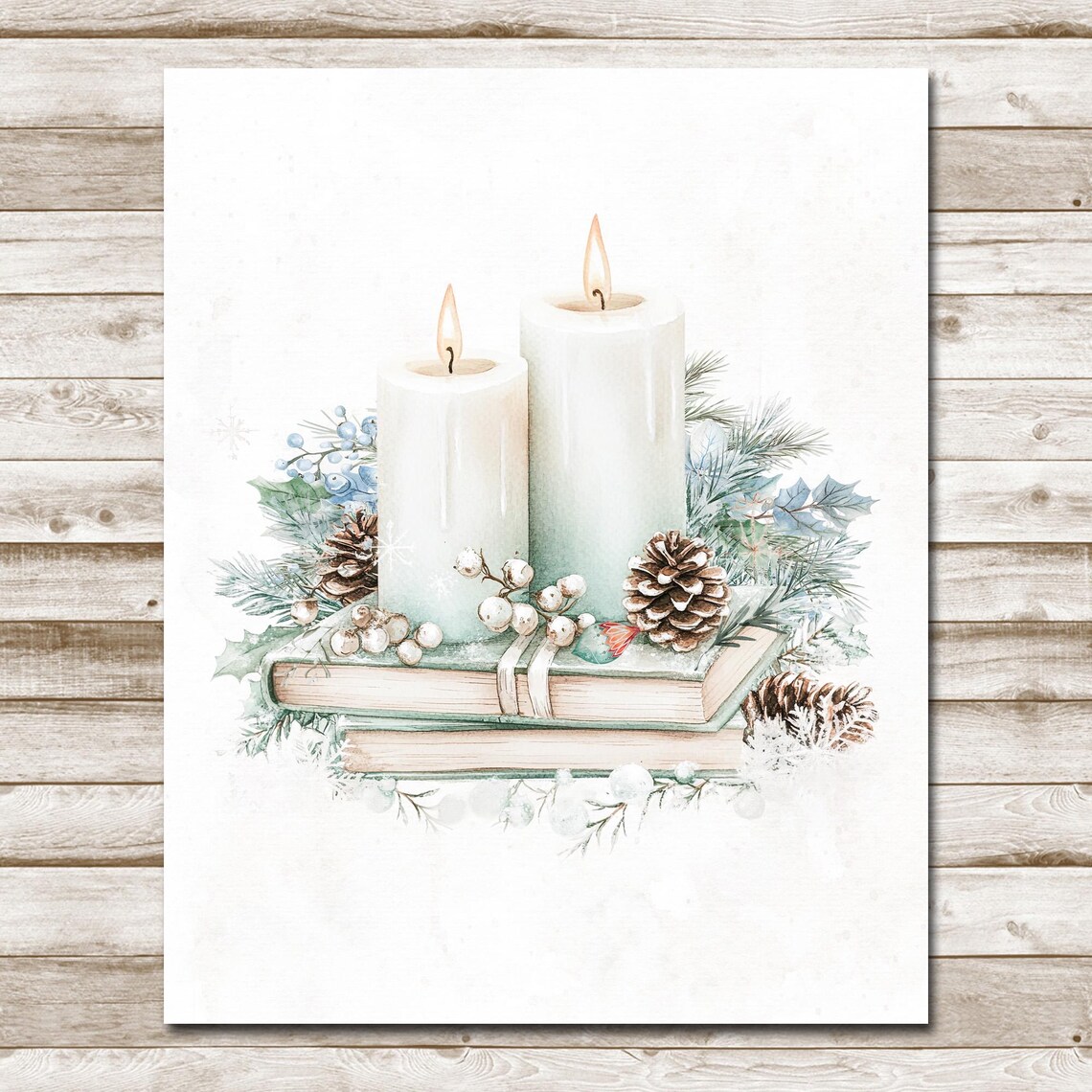 Lit Candles on Books with Pinecones Watercolor Winter Wall Art - Image 4