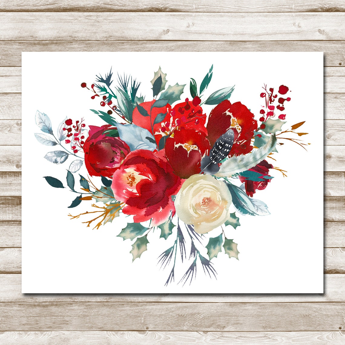 Winter Red Roses and White Bloom Floral Bouquet Holiday Wall Art - Image 4