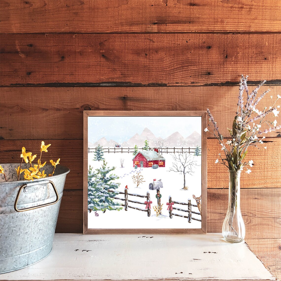 Country Christmas Square 4x4 Up To 20x20 Christmas Wall Art Holiday Decor Watercolor Woodland Winter Print Diy Tiered Tray Decor - Image 2