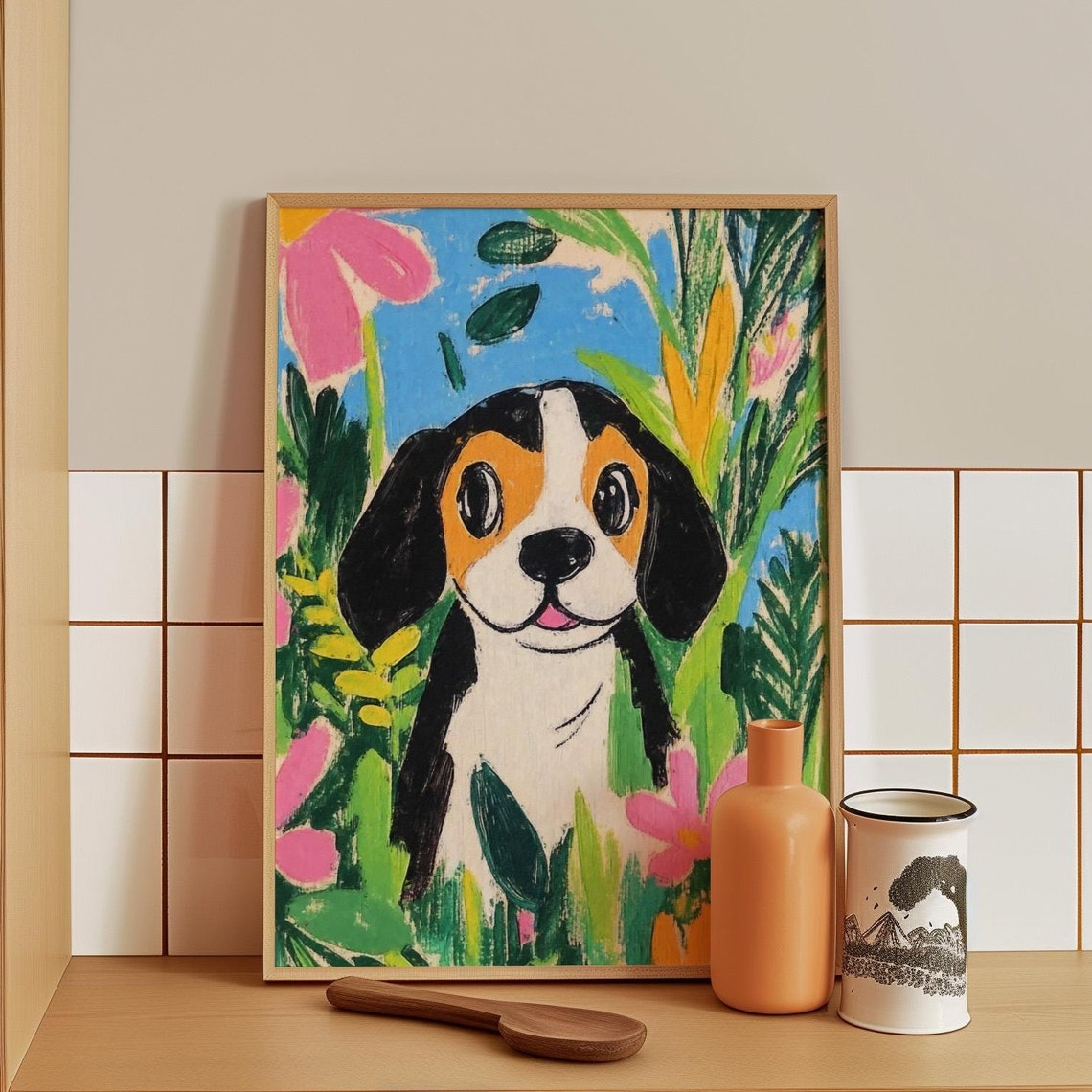 Beagle Puppy Portrait Peeking Through Green Tropical Leaves Poster