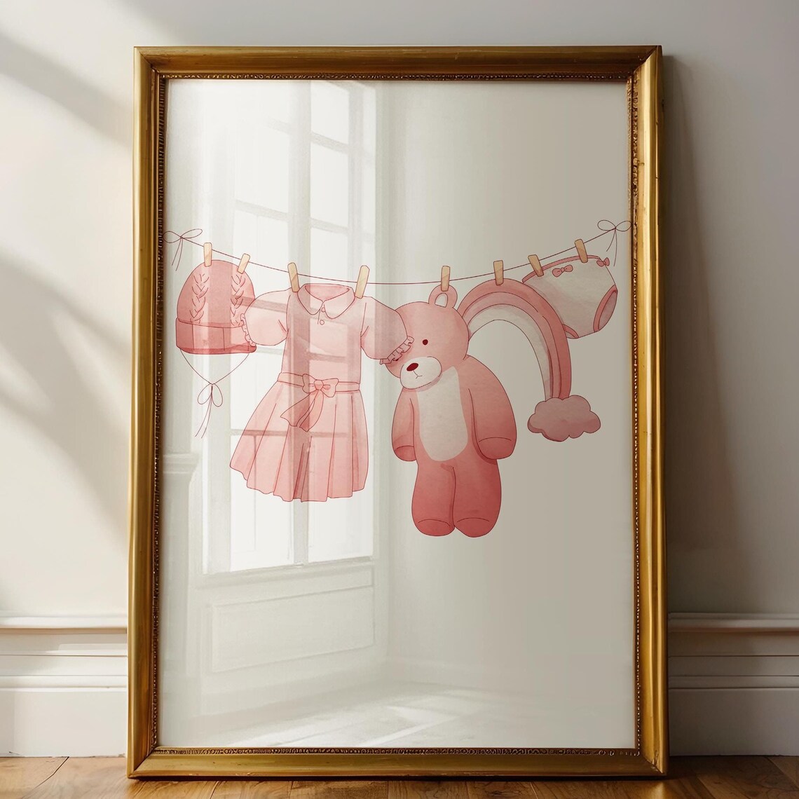 Pink Baby Girl Clothesline Teddy Bear Rainbow Nursery Wall Art