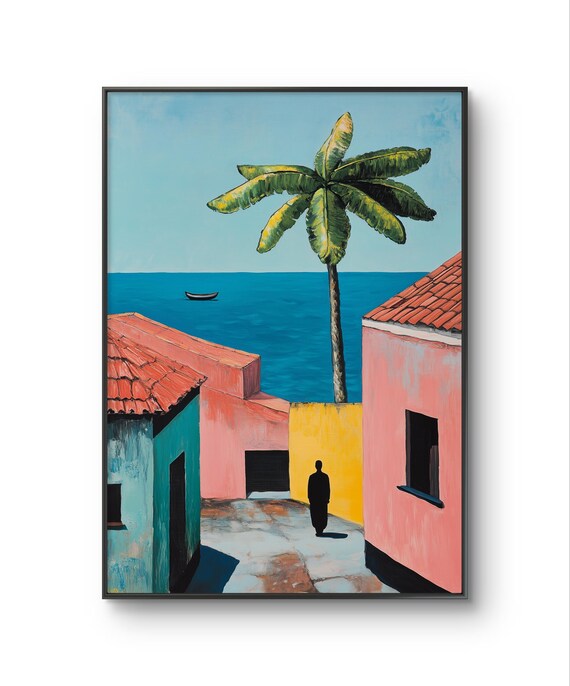 Mindelo Cape Verde Coastal Alley Palm Tree And Blue Sea Watercolor Print
