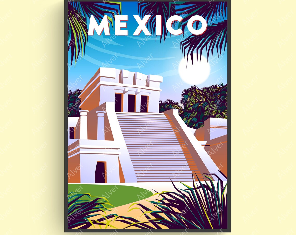 Mexico Ancient Maya Temple Pyramid Retro Tropical Travel Poster