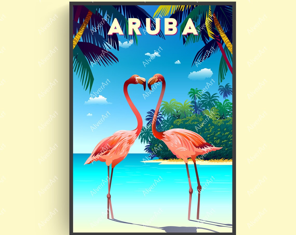 Aruba Flamingos On Turquoise Beach Tropical Island Travel Poster