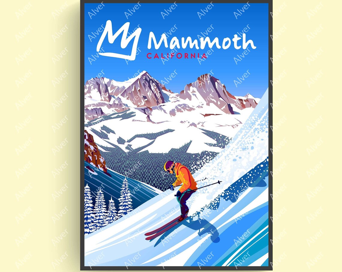 Mammoth California Skier Powder Sierra Peaks Retro Travel Poster