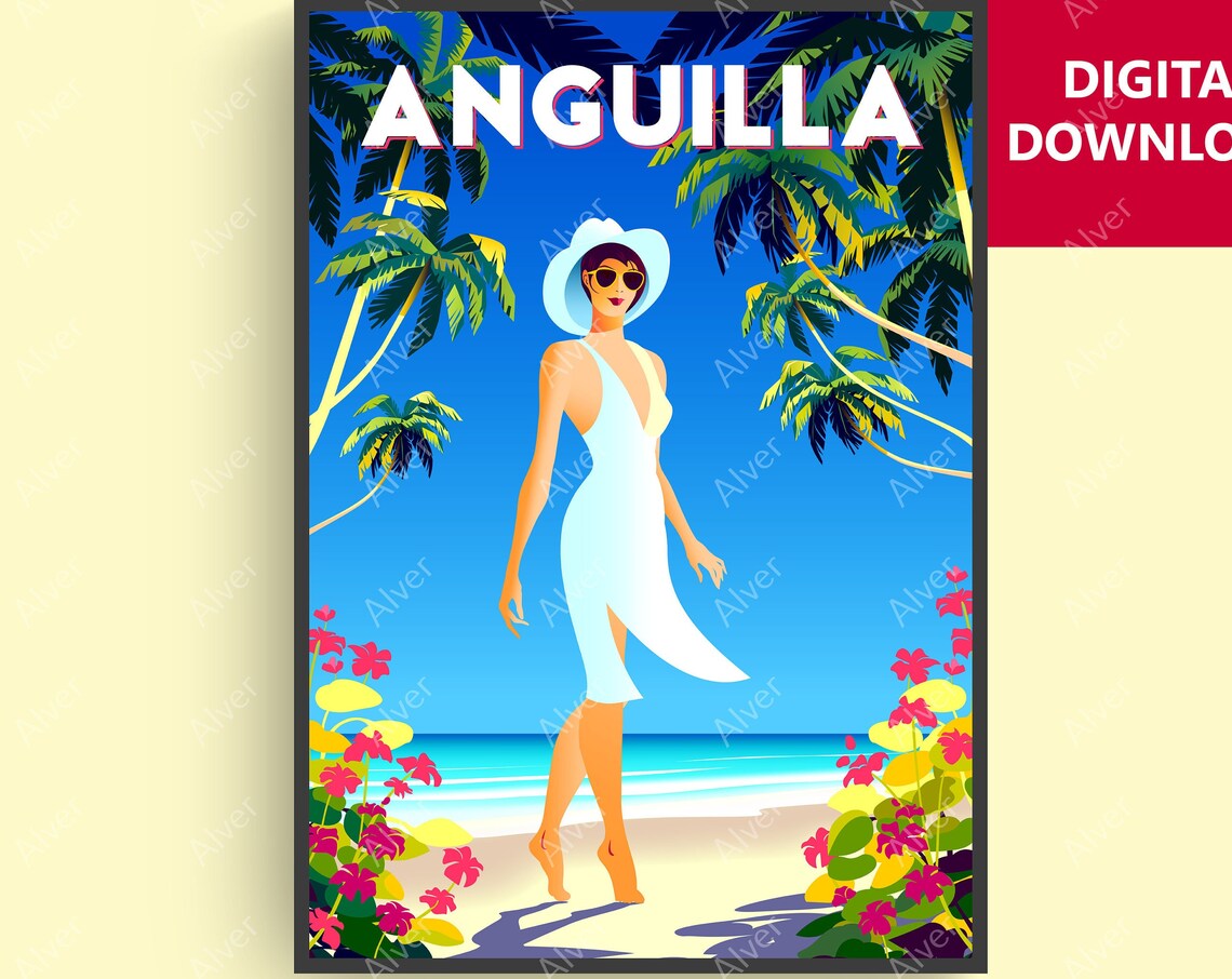 Anguilla Caribbean Woman In White Dress On Beach Travel Poster