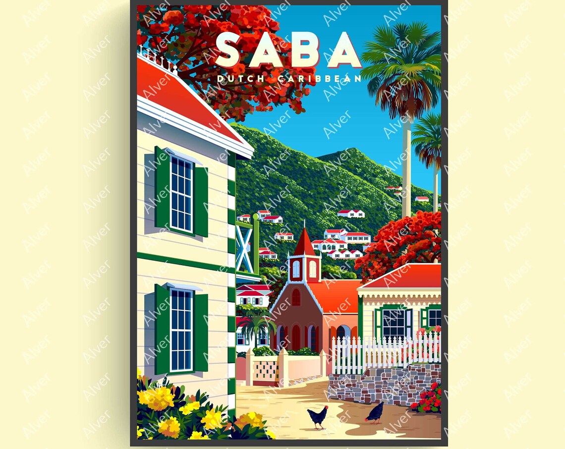 Caribbean Print Saba Poster Tropical Travel Print Caribbean Wall Art Unframed