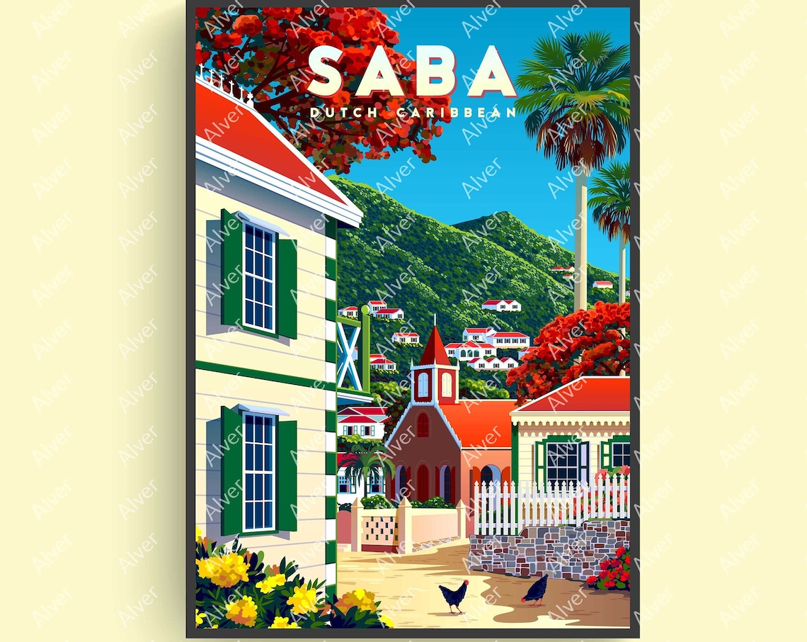 Saba Dutch Caribbean Colonial Street Mountain Village Travel Poster