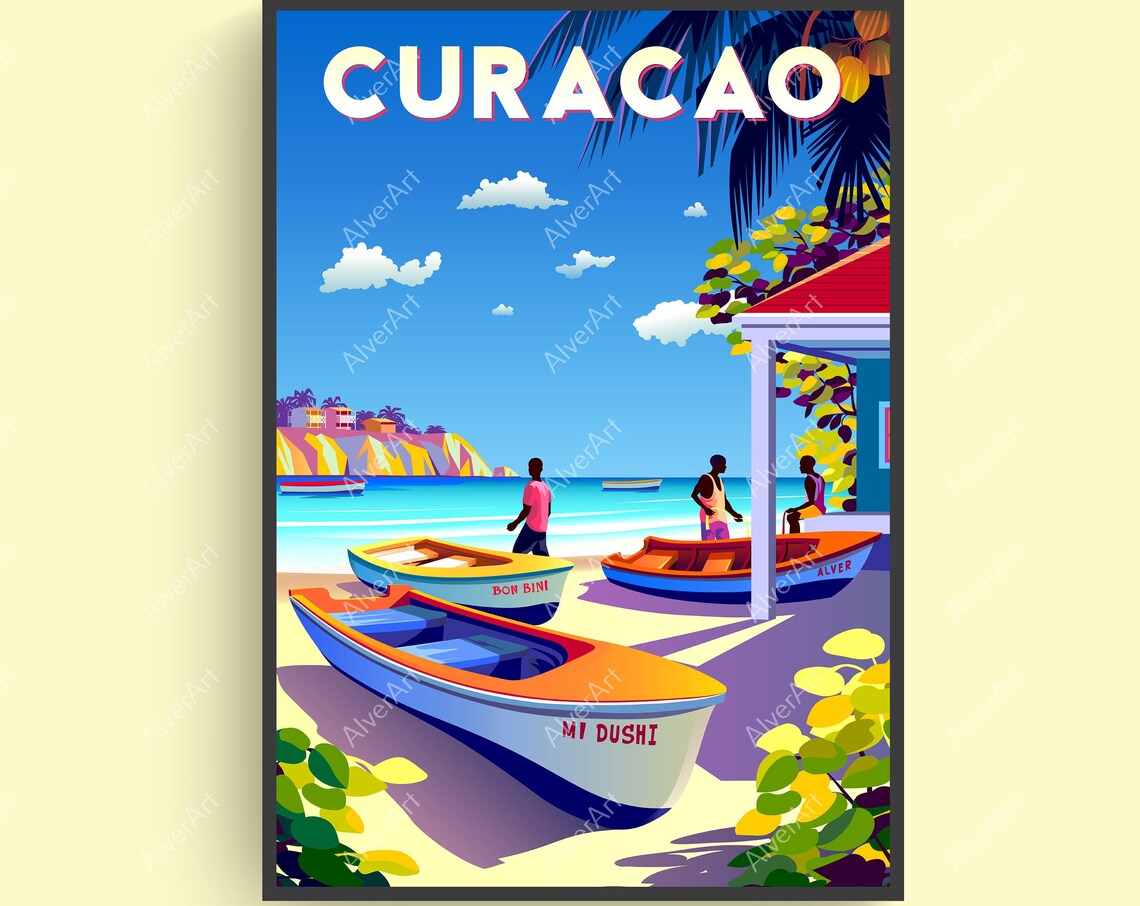 Curacao Colorful Fishing Boats On Beach Caribbean Travel Poster