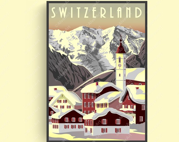 Switzerland Poster Switzerland Travel Print Mountain Poster Swiss Alps Poster Wall Art Retro Style Print Unframed