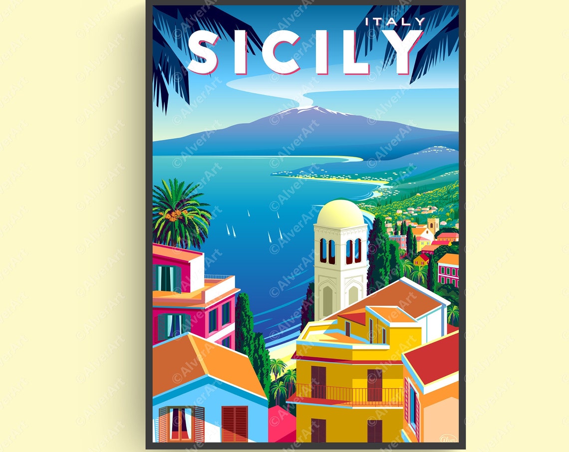 Sicily Italy Coastal Town Mount Etna Colorful Seaside Poster