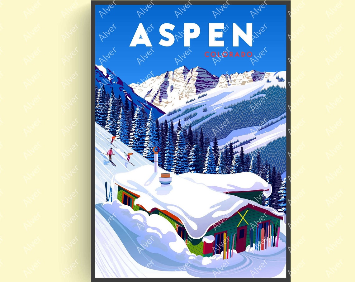 Aspen Colorado Snowy Lodge Skiers Mountain Retro Travel Poster