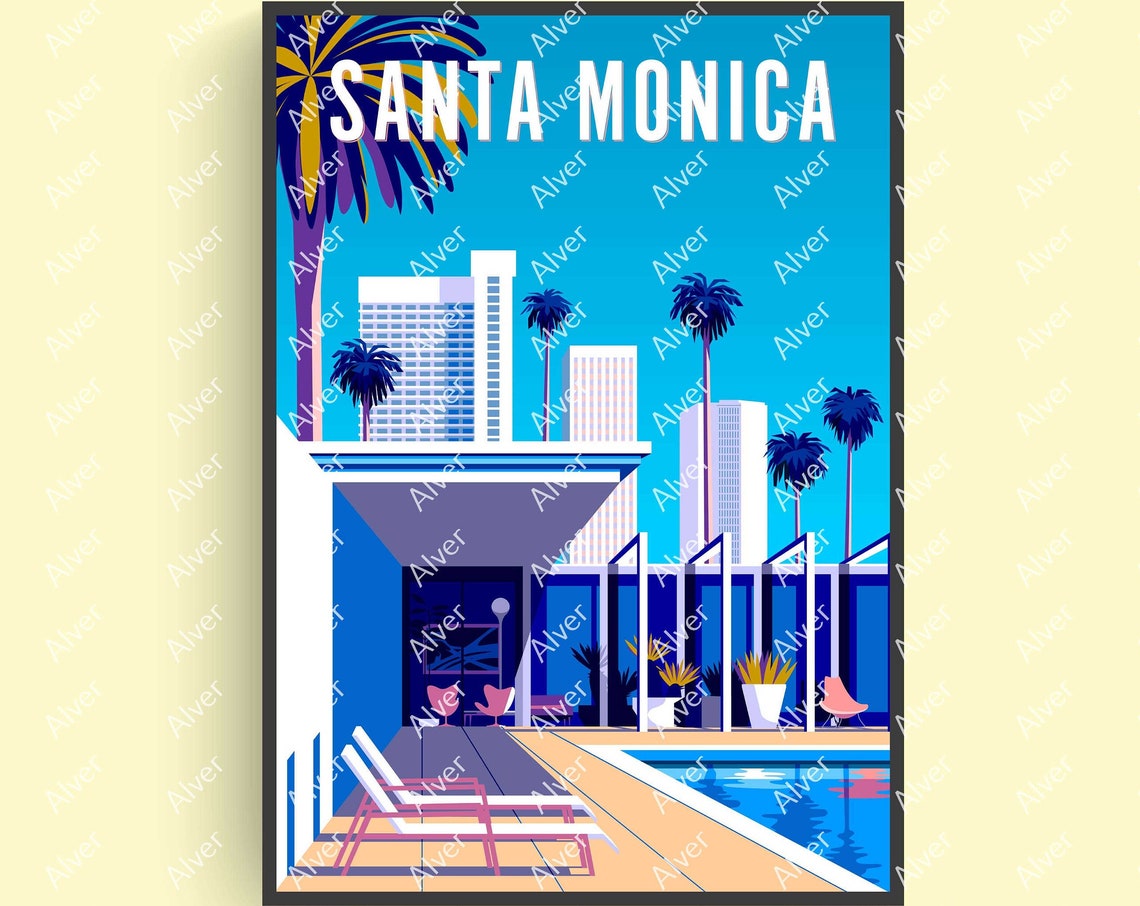 Santa Monica California Mid Century Modern Poolside Retro Poster