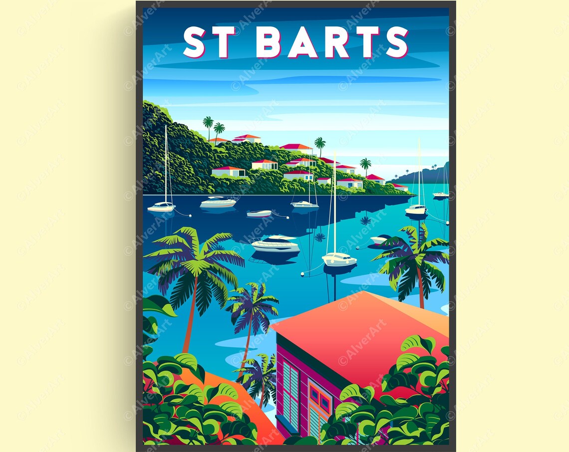 St Barts Caribbean Travel Poster With Sailboats in Tropical Harbor Bay