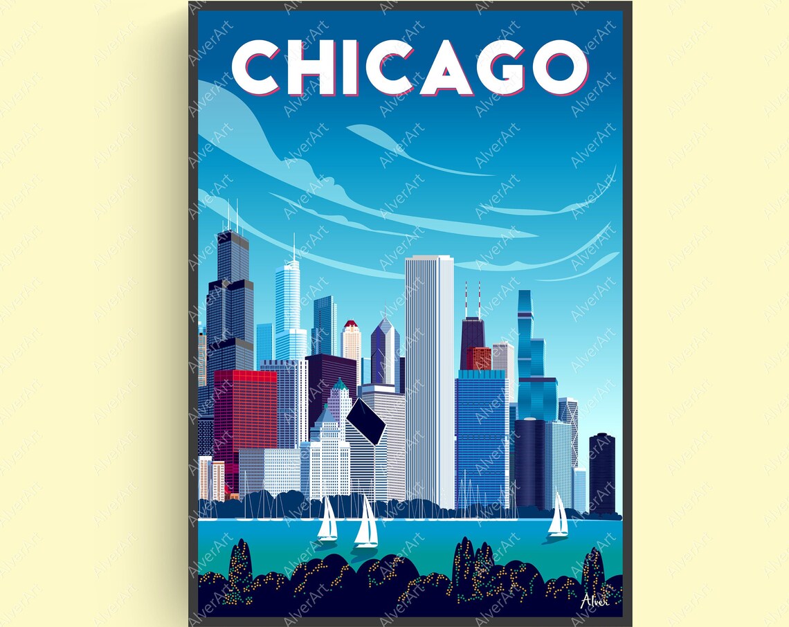 Chicago Skyline Lake Michigan Sailboats Vintage City Travel Poster