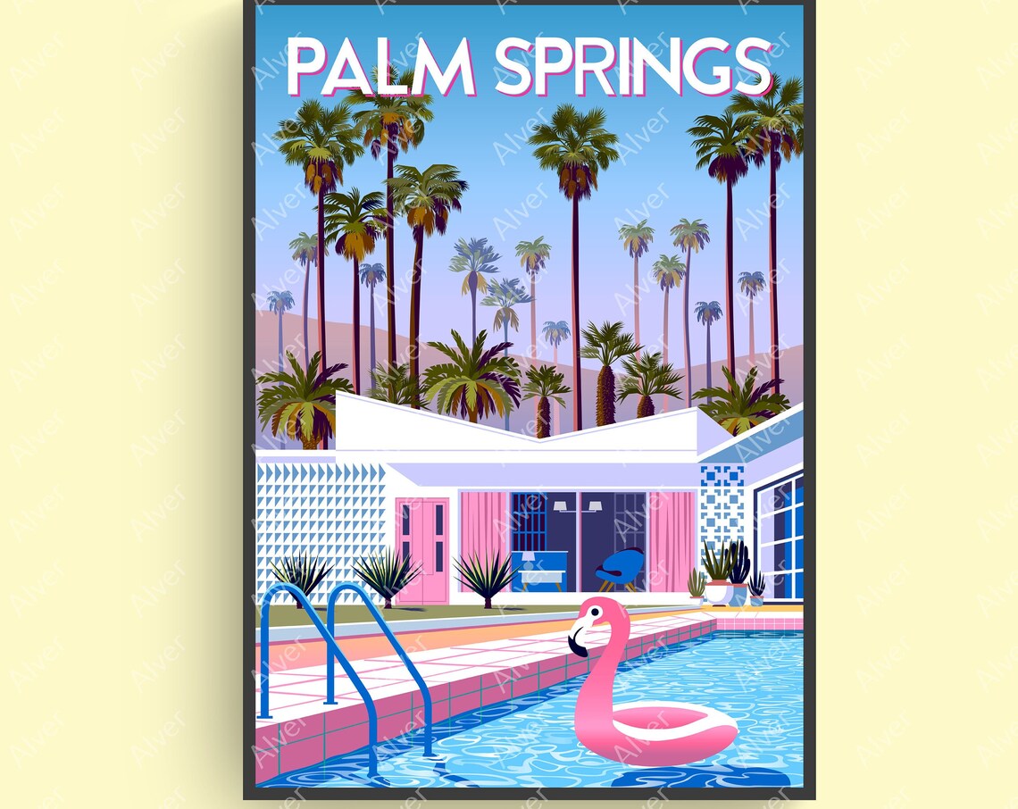 Palm Springs Mid Century Modern Poster With Pool and Flamingo Float
