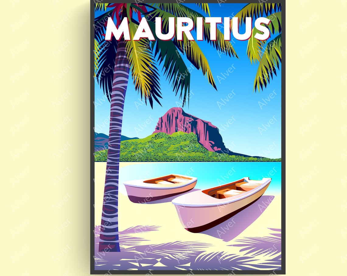 Mauritius Tropical Beach Poster With Boats and Mountain Landscape Art