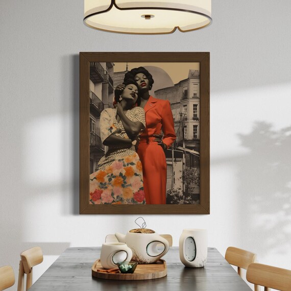 Vintage Black Women Embrace City Collage Nostalgic Art Poster