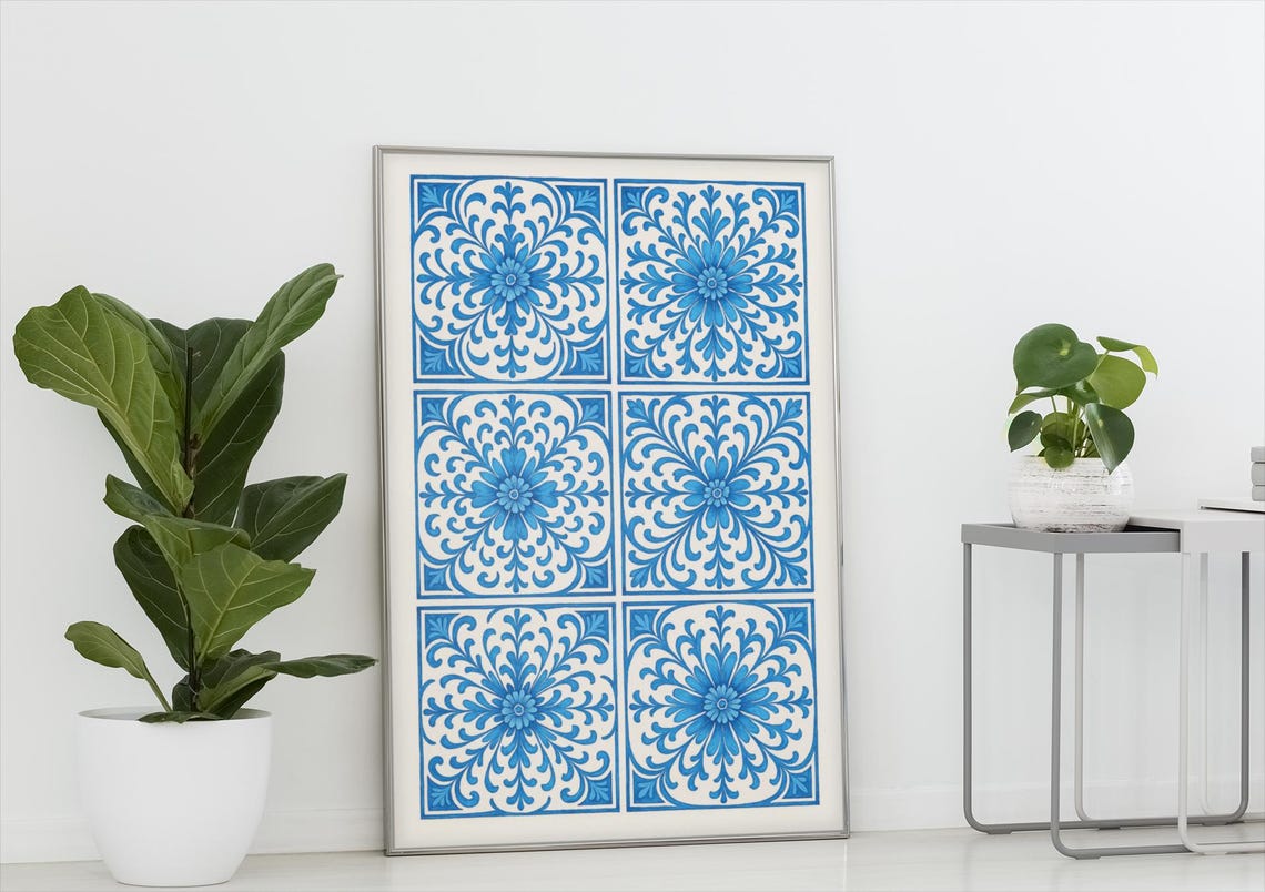 Blue Portuguese Azulejo Tile Vintage Mediterranean Pattern Art Print