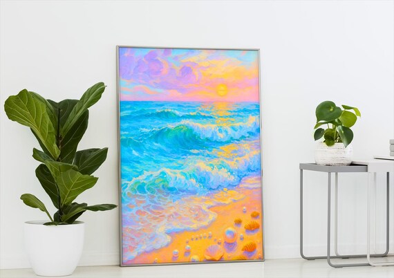 Vibrant Beach Sunset Waves Colorful Ocean Seascape Art Print