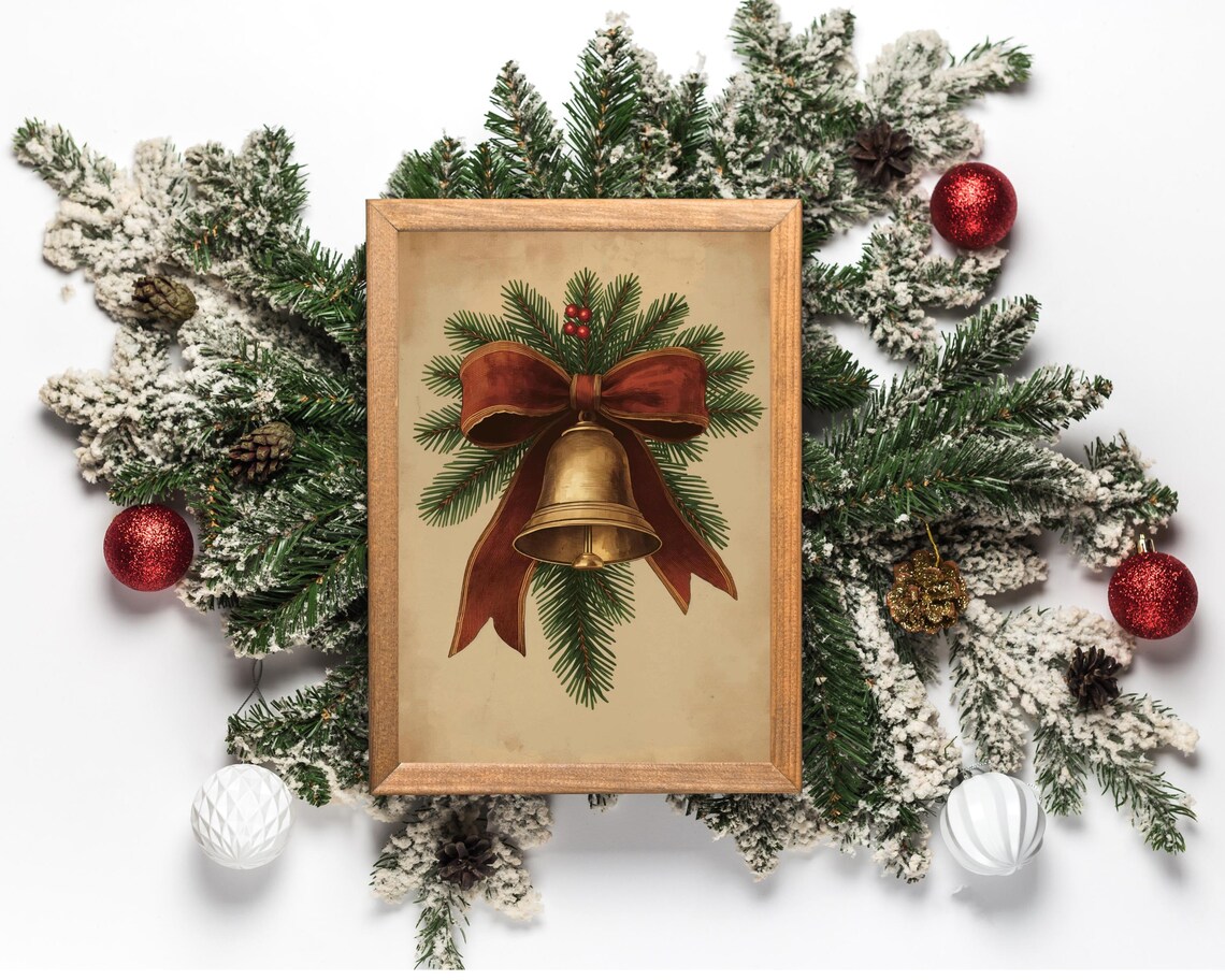 Vintage Christmas Bell Gold Ribbon Pine Antique Holiday Poster