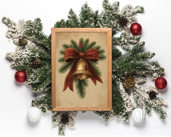 Vintage Christmas Bell Gold Ribbon Pine Antique Holiday Poster