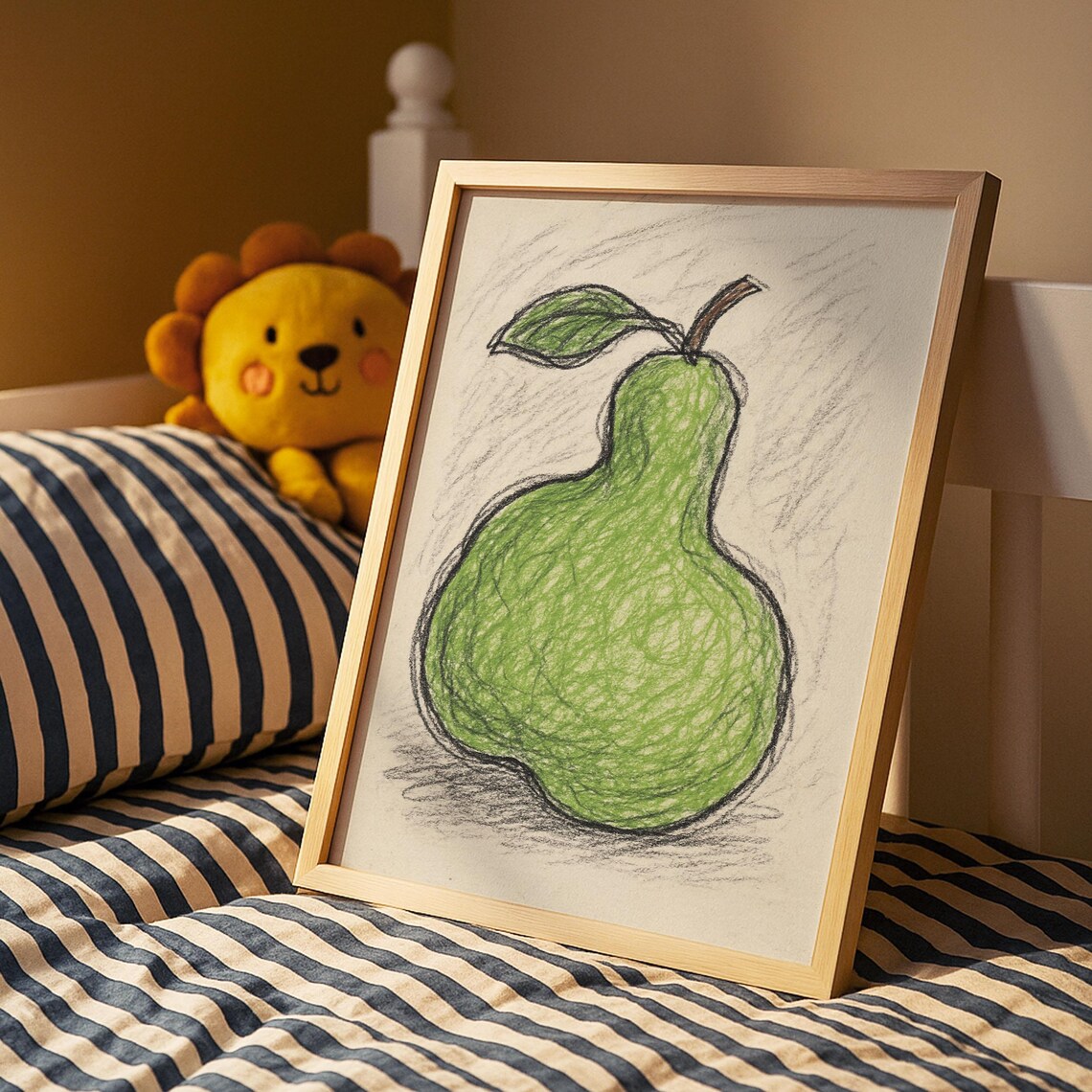 Cute Green Pear Sketch Nursery Poster Kids Room Fruit Art Wall Decor