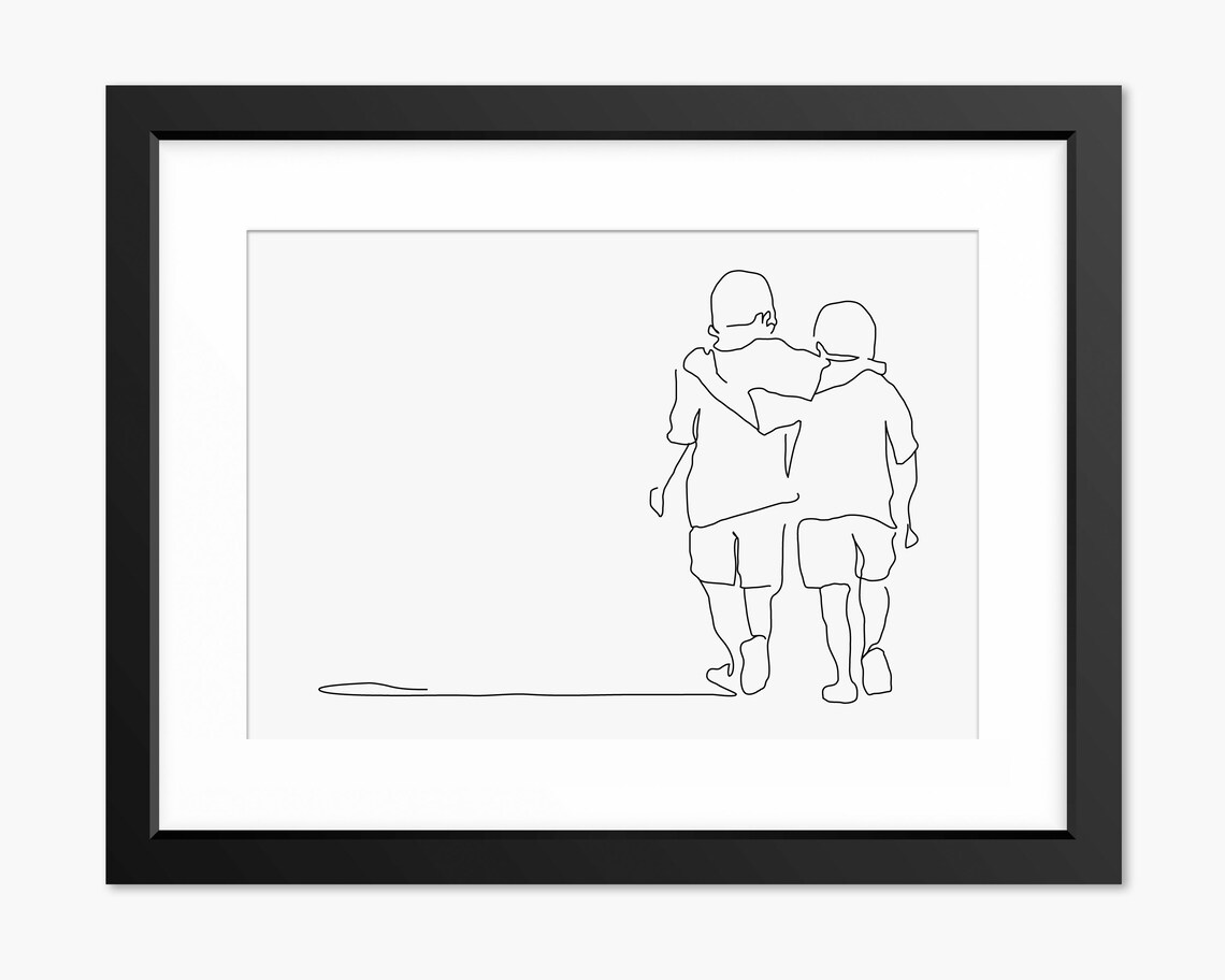 Two Brothers Walking Arm in Arm Together Minimalist Line Art Poster
