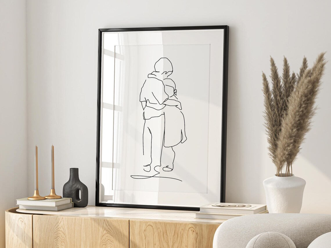 Big Brother Hugging Little Sister Sweet Minimalist Line Art Poster - Image 2
