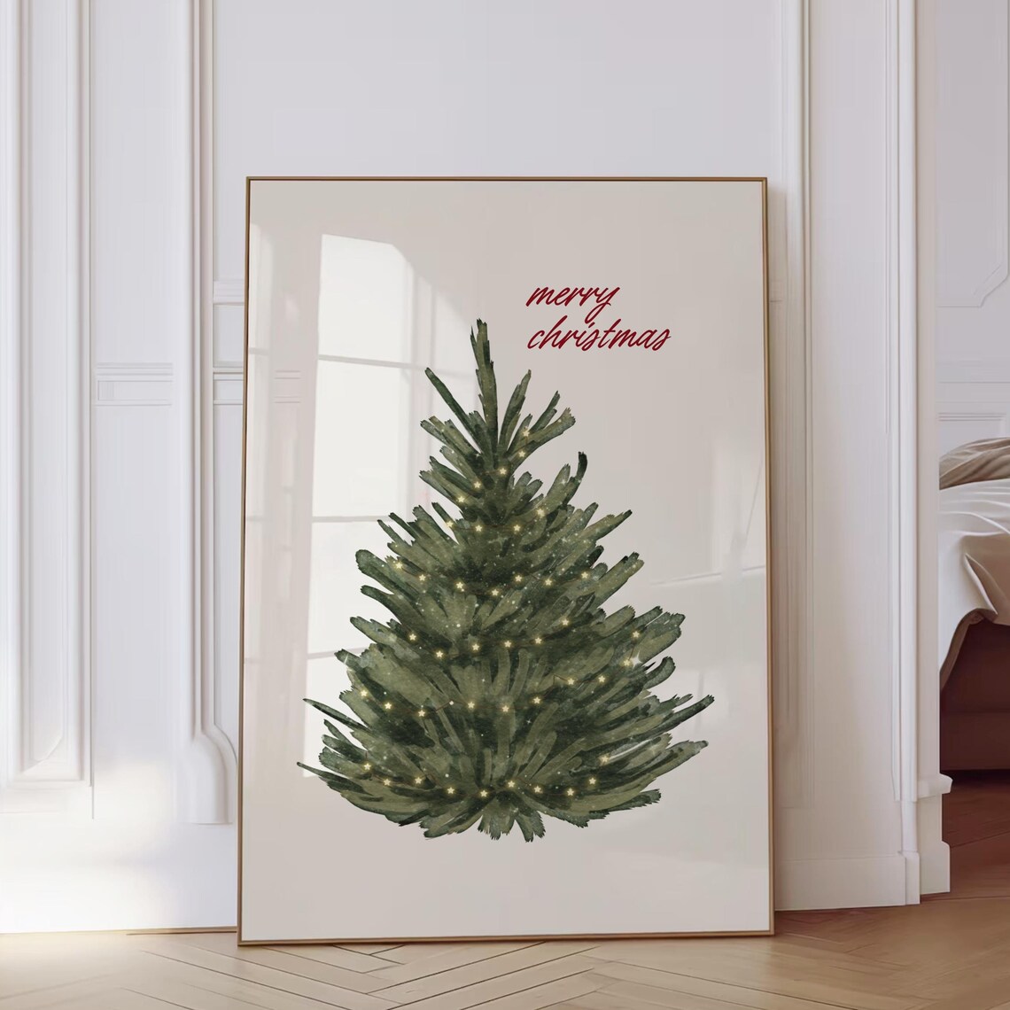 Merry Christmas Watercolor Pine Tree Fairy Lights Holiday Poster