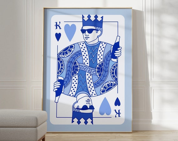 King Of Hearts Playing Card Poster Funky Navy Blue Wall Art Print Retro Bar Cart Decor Trendy Apartment