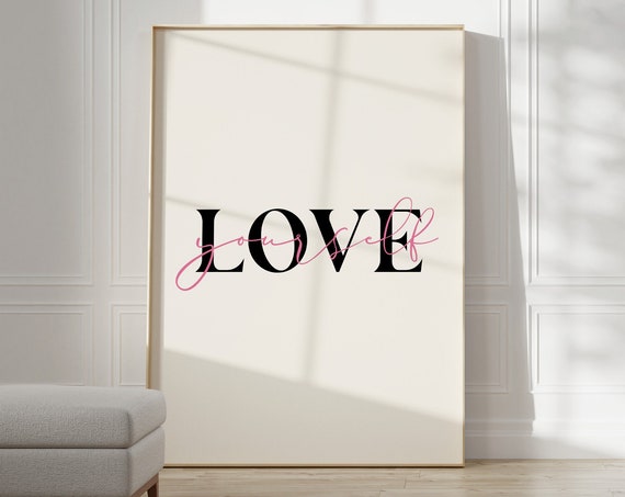 Trendy Love Yourself Wall Art Positive Affirmation Quote Poster Black And Pink Self Prints