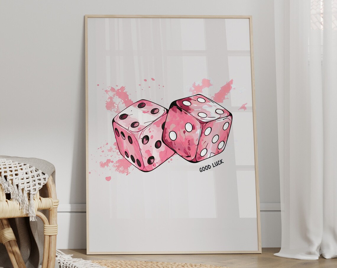 Pink Lucky Dice Pair Good Luck Retro Watercolor Casino Poster