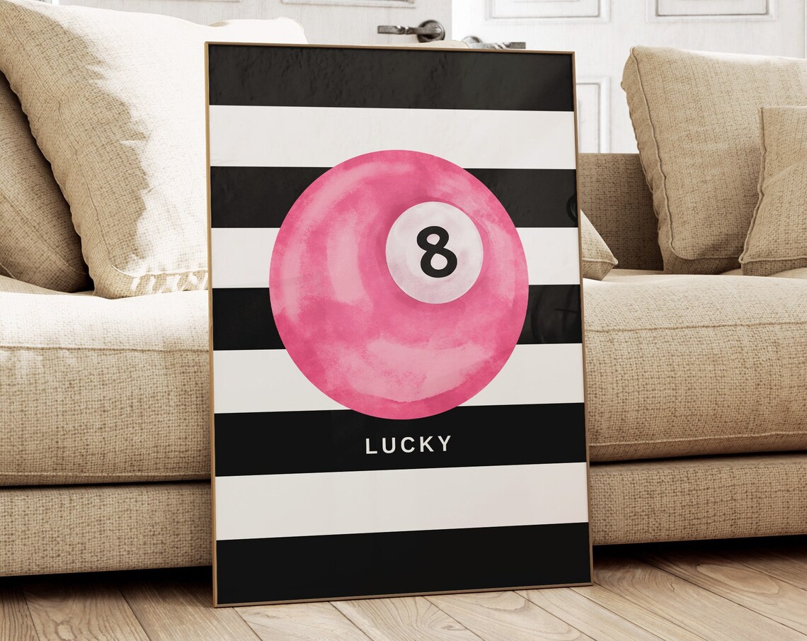 Pink Lucky 8 Ball Black Striped Retro Girly Bedroom Art Print