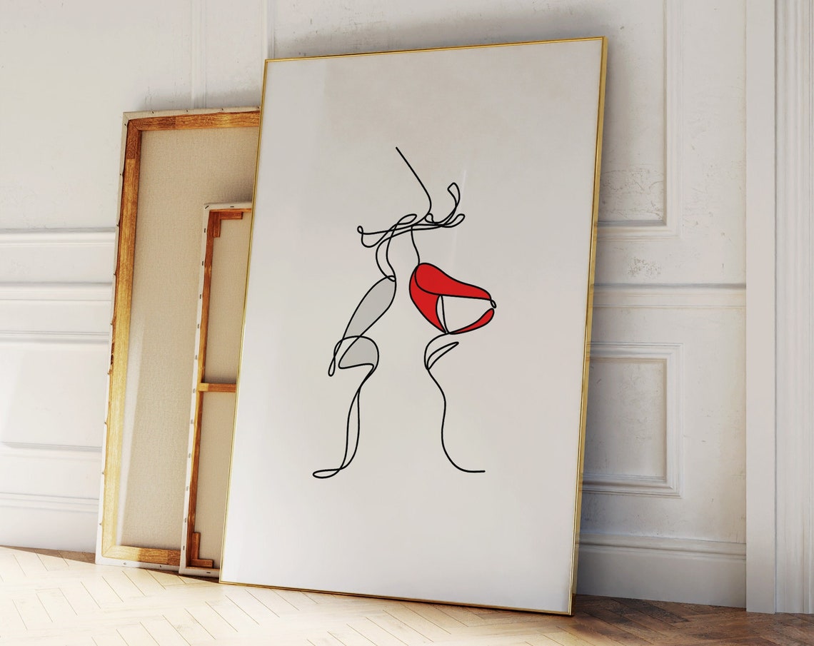 Romantic Kissing Couple Line Art Drawing with Red Lips Poster