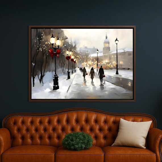 Snowy Christmas City Street With Glowing Lamps At Dusk Poster