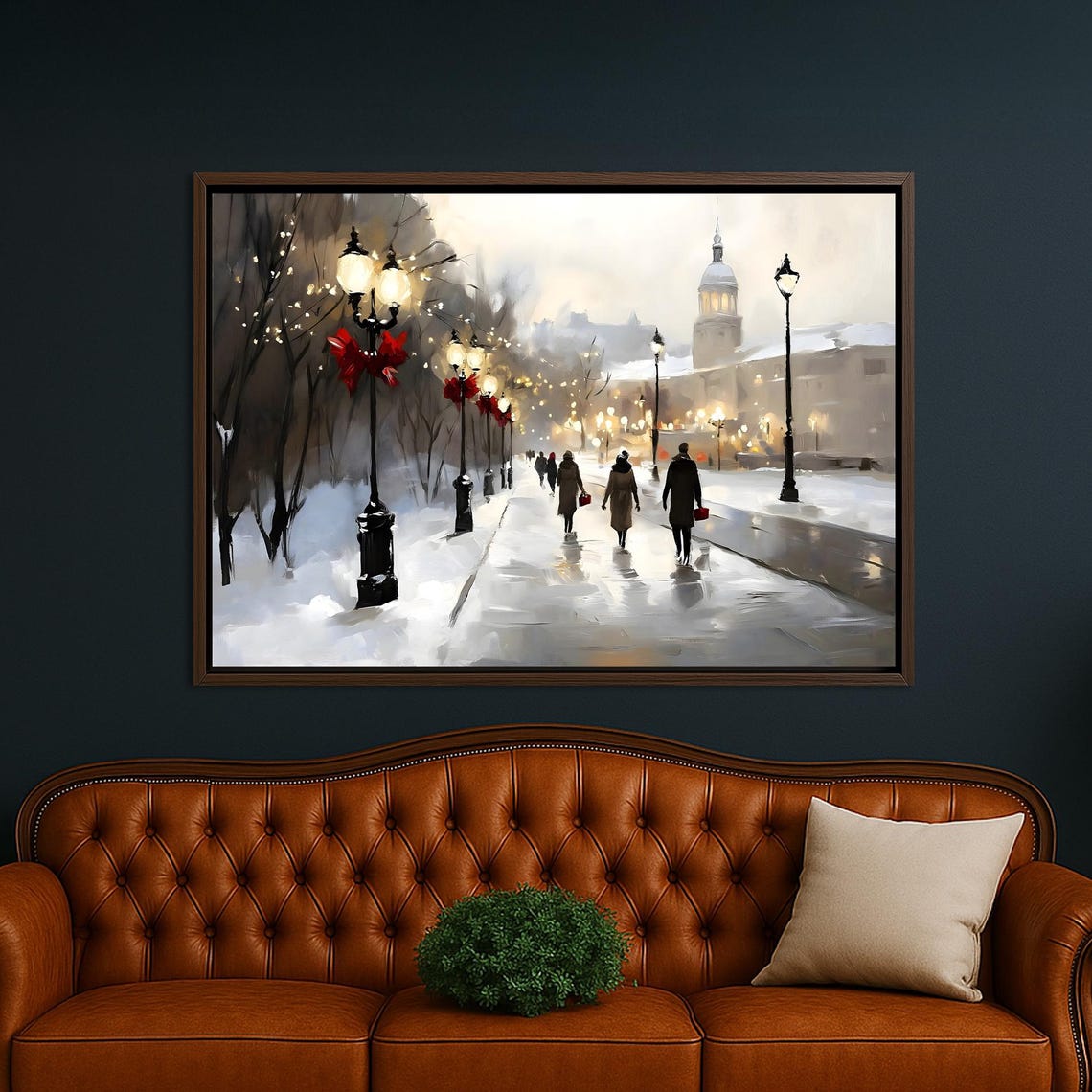 Snowy Christmas City Street With Glowing Lamps At Dusk Poster