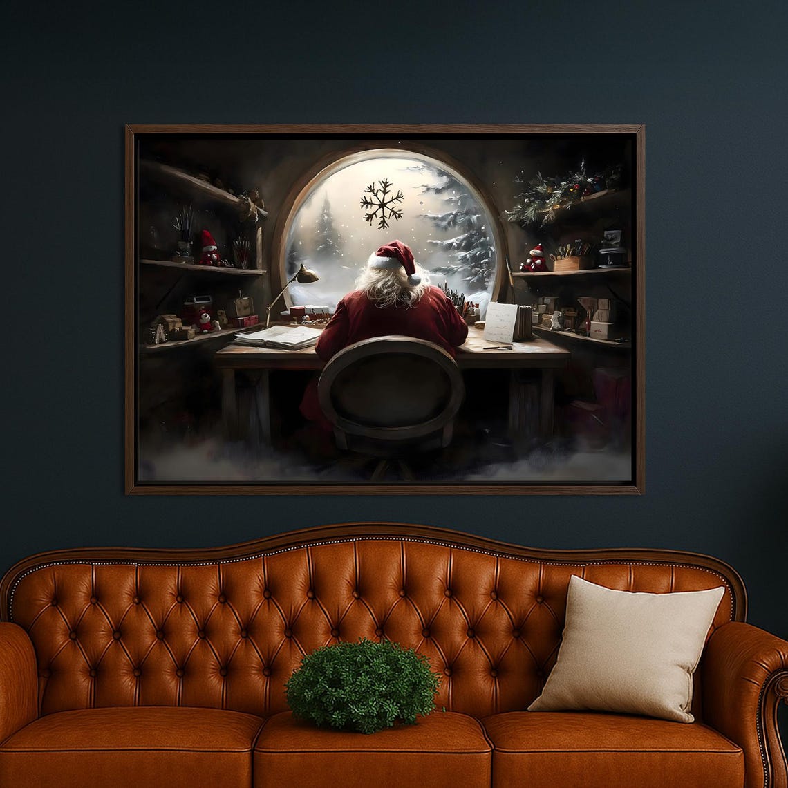 Santa Writing Letters At His Desk Under Snowy Round Window Poster