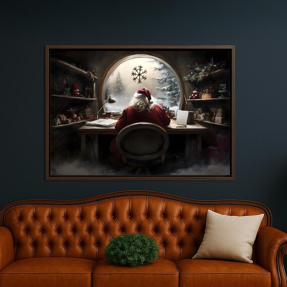 Santa Writing Letters At His Desk Under Snowy Round Window Poster