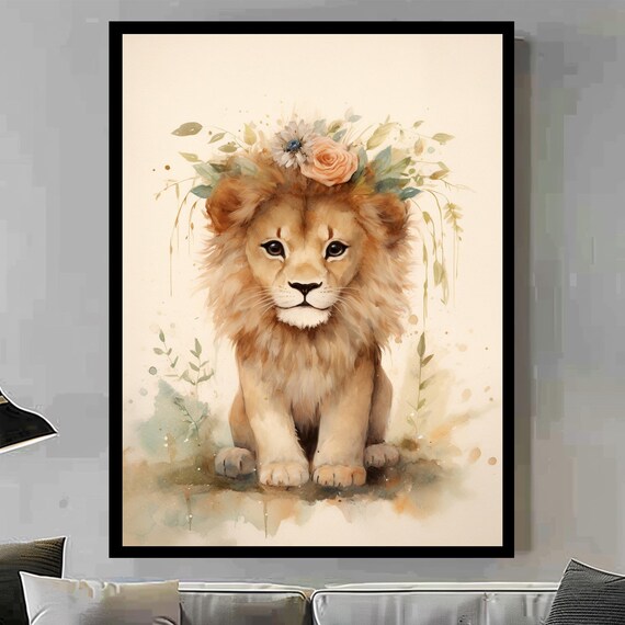 Adorable Watercolor Lion Cub Floral Crown Baby Nursery Wall Print