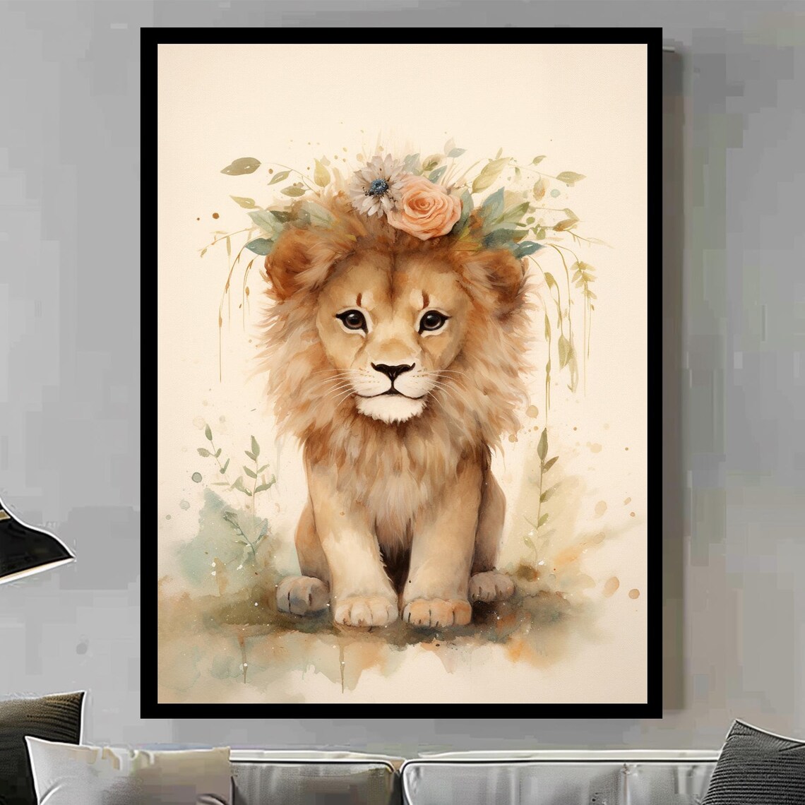 Adorable Watercolor Lion Cub Floral Crown Baby Nursery Wall Print