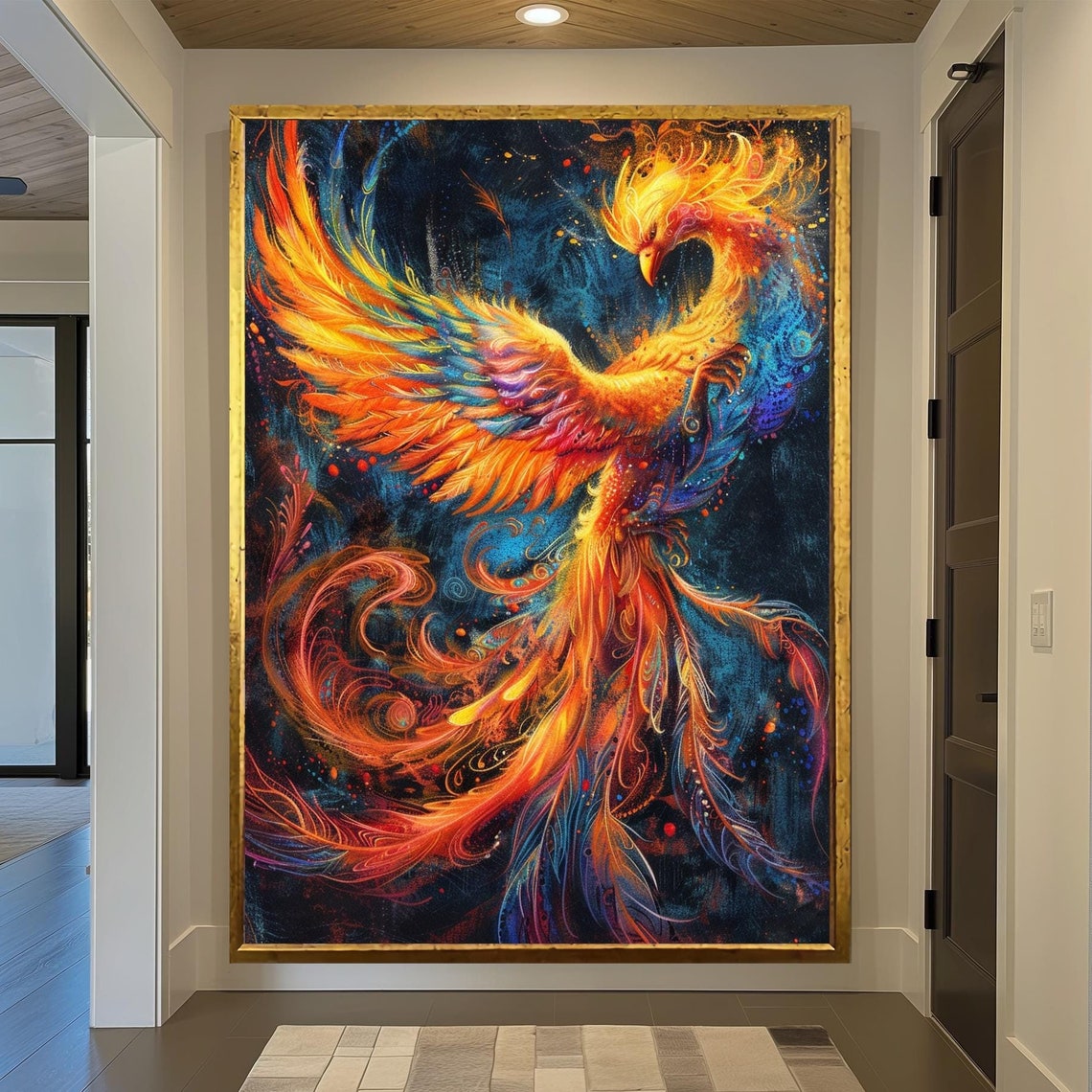 Fiery Phoenix Wall Art with Orange Plumage Rising on Dark Background