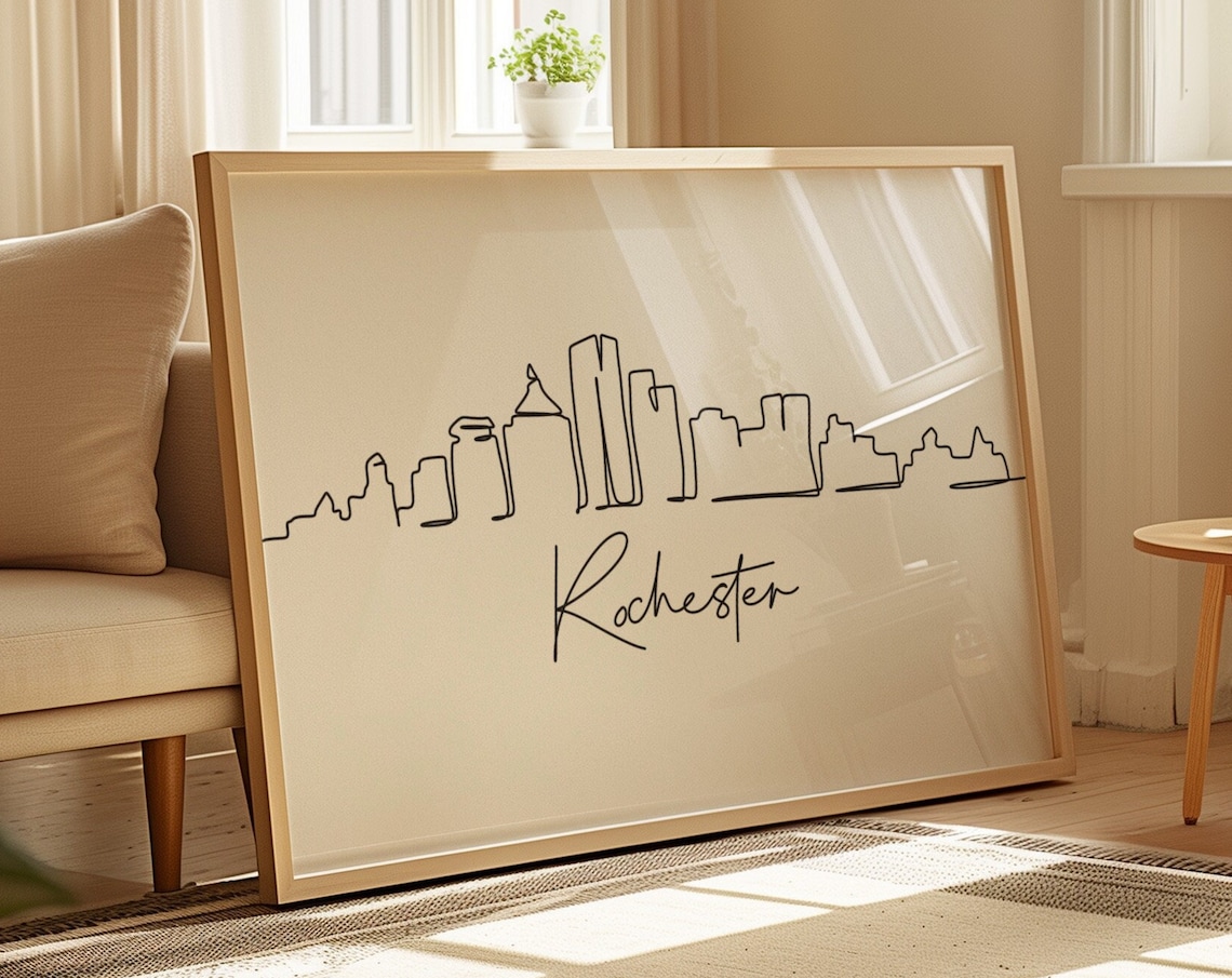 Rochester City Skyline Black Line Art Minimalist Travel Poster