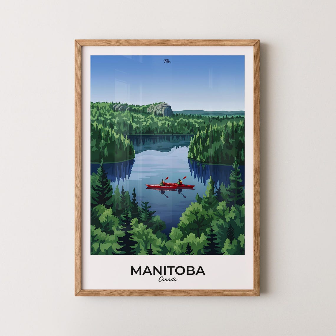 Manitoba Canada Red Kayaks Calm Forest Lake Paddlers Travel Poster