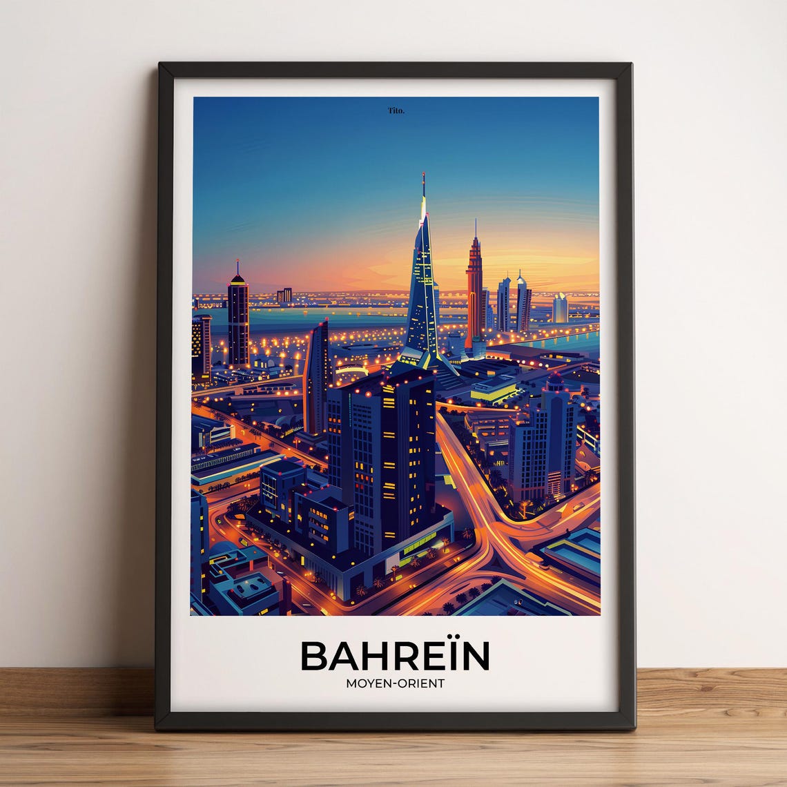 Bahrain Manama Night Skyline Vintage Travel Poster Art Decor